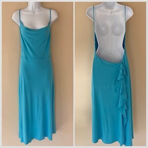 Yigal Vintage Y2K Midi Dress Sz 3 Cowl Open Back Ruffle Aqua 90s Mermaidcore